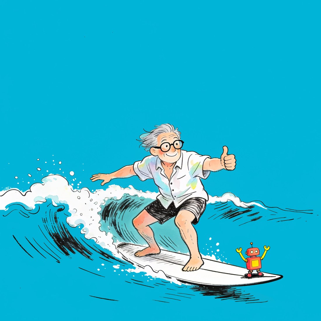 A silver-haired man surfing a wave, giving a thumbs up, with a small friendly robot riding the front of his surfboard